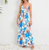 Robes décontractées Femmes 2024 Spring Long Sling Boho Floral Print Summer Col V Sans manches Taille haute Party Beach Maxi Dress