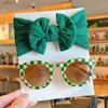 Hair Accessories 2Pcs/Set Children Lovely Soft Colors Bowknot Wide Hairbands Baby Girls Checkerboard Sunglasses Set Kids
