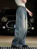 Damesjeans GENIET van lente zomer retro blauw hoge taille wijde pijpen dames streetwear losse casual katoenen denim broek broek