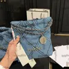 Denim Blue Embroidery Quilted 22 Mini Shopping Bags With Coin Charm Silver Metal Hardware Matelasse Chain Leather Round Strap Crossbody Shoulder Handbags 20x23CM