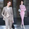 Women's Two Piece Pants IZICFLY Spring Summer Style Office Uniform Business Pant Suit With Vest Pink 3 Women Trouser Waistcoat And Blazer