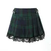 Rokken Minirok Y2k Kleding Groene Plaid Koreaanse Mode Voor Vrouwen Elegant Geplooid Zwart Kant Hoge Taille Met Riem