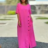 Vestidos casuais mulheres vestido de cor sólida elegante fenda macia respirável maxi com o pescoço botão decoração tornozelo comprimento split verão feminino