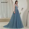 Guns Bepeithy Elegant V Neck Gray Blue Long Evening Jurken 2022 Party Sexy Backless Prom Jurk Mouwloze Robe de Soiree For Women