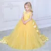 Robes de fille Tulle jaune gonflé fleur pour mariage mignon princesse enfants brillant soirée première Communion petite mariée robe de bal