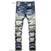 Mens Jeans European Jean Hombre Letter Star Am Tiny Spot Men broderi lapptäcke rippade trend varumärke Motorcykelbyxa Mens Skinny AM3359# Storlek 29-38