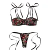 Conjuntos de sutiãs mulheres malha floral bordado lingerie transparente rendas sutiã com tanga roupa interior sensual ver através do traje erótico