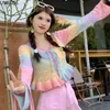 Harajuku y2k Rainbow dzianin Cardigan Women Kawaii koronkowy hplloow out ruffle Flare Flare Sweter Coat Casual Knitwear Top 240228