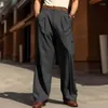 Men's Pants Men Casual Loose Mid Waisted Trousers Fashion Button Decoration Male Long Streetwear Solid Pockets Straight