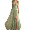 Sage Butterfly Lace A Line Prom Dresses Spaghetti Straps Sleeveless Side Split Sexy Evening Dress For Women 3D Floral Appliques Spring Summer Special Occasion Gown