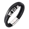 Charme pulseiras moda masculina jóias punk preto multicamadas trançado couro envoltório pulseira masculino aço inoxidável crânio acessórios sp0209