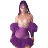 Stage Wear Mode Violet Strass Maille Volants Tutu Soirée Robe De Soirée Femmes Costume De Danse Latine Moulante Club Bal