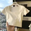 American style square neck shoulder length short sleeved T-shirt womens 2024 summer new slim fit revealing navel spicy girl short top ins