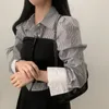 Women's Blouses Women Blue Striped Patchwork Button Long Sleeve Casual Black Office Work Shirt Loose Female Vintage Y2k Clothing Top
