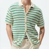 Men's Casual Shirts Mens Summer Vintage Striped Knitting Cardigan Sweater Men Knitted Short Sleeve Turn-down Collar Button Knit Shirt