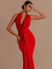 Casual Dresses Ailigou 2024 Summer Women's Sexy V-neck Hanging Neck Open Back Red Pleated Mermaid Elegant Celebrity Party Evening Dress
