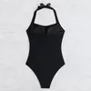 Mulheres Swimwear 2024 Rugas Slim Beach Bikini Sólido Preto Um Pedaço Swimsuit Mulheres Sexy Halter Suspender Backless Verão Monokini Y285