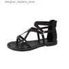 Sandals 2024 Summer New Fashionable and Minimalist Metal Flat Bottom Cross Buckle Wrap Root Comfortable Back Zipper Roman Sandals Q240314