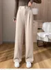 Women's Pants Chic Woolen Wide-leg Women Fall Winter 2024 Elastic High-waisted Trousers Female Vintage Thick Slim Fit Straight Pant