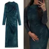 Casual Dresses Women Dress Elegant Pleated Long Sleeve Midi för Slim Fit Solid Color Half-High Collar med Back Drag en dragkedja mjuk