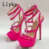 Liyke modelo passarela sexy fino salto alto feminino moda strass fivela dedo do pé aberto tornozelo cinta sandálias plataforma sapatos stiletto 240313