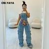 CMYAYA Women Sleeveless Button Front Strapless Pocket Side Cargo Denim Jeans Jumpsuit Street Suit Romper Playsuits 240220