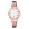Relojes de pulsera Moda para mujer Oval Diamond Lady DQG Reloj de cuarzo simple Reloj casual de cuero caqui para mujer Relojes