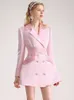 High-Grade Pink Suit Dress Autumn Gentle Sense of Design Stitching Professional Commute Waist Seal Formal Blazer Dress 240313