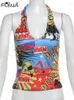 Dames Tanks Habbris Kleur Bedrukt Halter Tanktops Zomer Strandkleding Dames 2024 Y2k Graphics Bodycon Vest Mode Mouwloos Crop Top