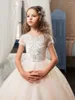 Girl Dresses Champagne Tulle Flower Dress For Wedding Short Sleeve Kids Birthday Party Princess First Communion Junior Bridesmaid Gowns