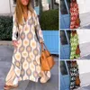 Robes décontractées de base Femmes Maxi Robe Impression Col En V Robe De Plage Ourlet Fente Contraste Couleur Maxi Robe Manches Longues Dame Robe D'été Femme ClothesL2403