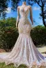Deep V-Neck Stunning Mermaid Prom Dresses Appliques Ruffles Floor-Length Sequined Backless Plus Size Evening Gowns Bc15171