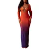 Casual Dresses Women Gradient Color Long Sleeve Maxi Dress Slim Fit Low Cut Backless Back Split Cutout Bodycon