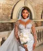 Mermaid Wedding Crystal Dress Llusion High Neck Long Sleeve Plus Size Bridal Troogs Beads Bruid Jurken Rozes Rabes de Mariee 326 ES 0514