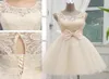 2019 champagne nova chegada vestidos de casamento curtos vestidos de dama de honra na altura do joelho tule vestido de casamento rendas com arco custom7478198