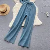 Calças femininas de duas peças americano retro denim terno moda design camisola curta all-match cintura alta reta perna larga 2 conjunto roupas