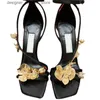 Klänningsskor 2024 Summer New Style Golden Flower Square Toe Stiletto High Heel Shoes With Sexy Open Toe Design Sandals for Women Q240314