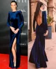 Elegant Long Blue Velvet Evening Dresses With Slit Mermaid Pleats Watteau Train Abendkleider Prom Gowns Robes de soiree Party Dress for Women