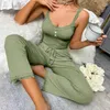 Zweiteilige Damenhose, lässiges zweiteiliges Set, Sommerpyjama mit tief ausgeschnittenem V-Ausschnitt, Tanktop, Hose mit hoher elastischer Taille, einfarbig