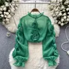 Women's Blouses Chic Elegant Three-dimensional Floral Long Sleeve Sheer Top Vintage Korean Fairy Crop Autumn Women Clothing