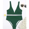 Dames Badmode Peachtan Sexy Effen Geribbelde Bikini's 2024 Mujer Hoge Taille Badpak Vrouwen V-hals Vrouwelijke Sport Badpak Streep biquini