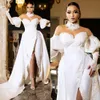 2024 Vestido de casamento sereia para noiva com trem destacável Vestidos de noiva com gola alta mangas compridas Hi-Low Split Applique vestido de casamento de renda para mulheres negras africanas NW134