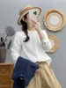 Camicette da donna in filato di cotone bianco per le donne 2024 Camicie solide a maniche lunghe con colletto alla coreana stile giapponese Y2k Top vintage