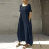 Robes décontractées Femmes Robe Élégante Plus Taille Maxi avec poches pour une ligne O Cou Couleur Solide Longueur de la cheville Swing Respirant