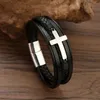 Bangle High Quality Cross Stainless Steel Leather Bracelet Charm Magnetic Men Bracelet Genuine Braided Punk Rock Bangles Jewelry GiftL2403