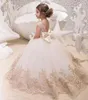 Girl Dresses Kids Champagne Lace Flower Sheer Neck Puffy For Wedding First Communion Pageant Toddler Children Ball Gown