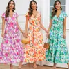 2024 Summer Women's New V-neck Ruffle Sleeve Bohemian Print Long Dress Oversized