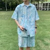 Men's Tracksuits Summer mens two-piece tie dye oversized shirt and shorts thin silk beach travel suit mens Q240314