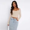 Y2K New Sexy Square Neck T-shirt Womens Autumn Long sleeved Short BM Top Spicy Girl Open Navel Knit