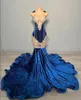 Blue Veet Navy Long Prom Dresses for Women 2024 Sparkly Diamond Tassel Sheer Mesh African Evening Formal Gala klänningar